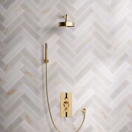 Bayor Dual Outlet Concealed Shower with Handshower Hook, 300mm Wall Arm, 8" Rose & Black Levers in Living Brass
