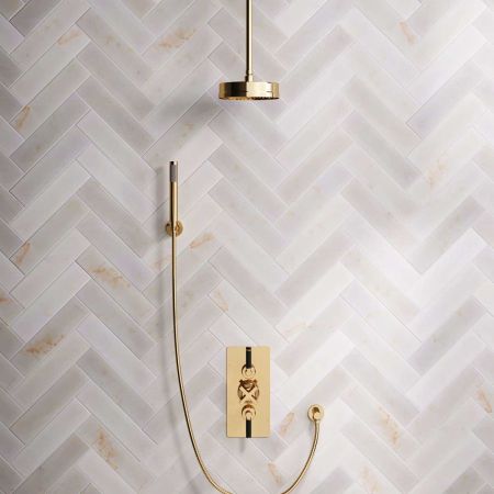 Bayor Dual Outlet Concealed Shower with Handshower Hook, 210mm Ceiling Arm, 8" Rose & Black Levers in Living Brass