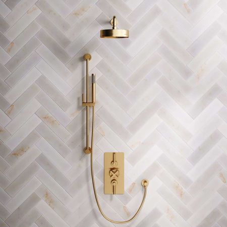 Bayor Dual Outlet Concealed Shower with Slider Rail, 500mm Wall Arm, 8" Rose & Metal Levers in Brushed Brass
