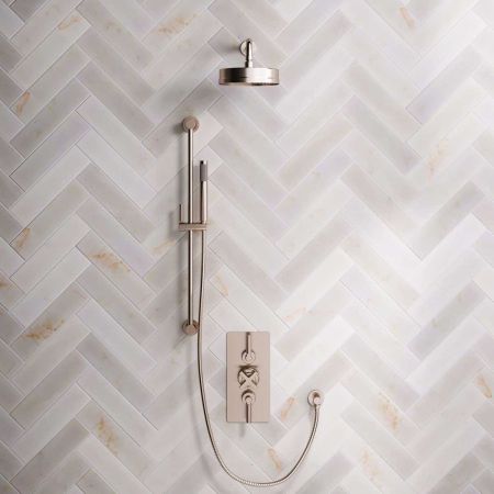 Bayor Dual Outlet Concealed Shower with Slider Rail, 300mm Wall Arm, 8" Rose & Metal Levers in Brushed Nickel