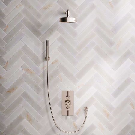 Bayor Dual Outlet Concealed Shower with Handshower Hook, 500mm Wall Arm, 8" Rose & Metal Levers in Brushed Nickel