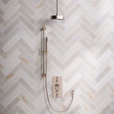 Linton Dual Outlet Concealed Shower with Slider Rail, 210mm Ceiling Arm, 8" Rose & Metal Levers in Brushed Nickel