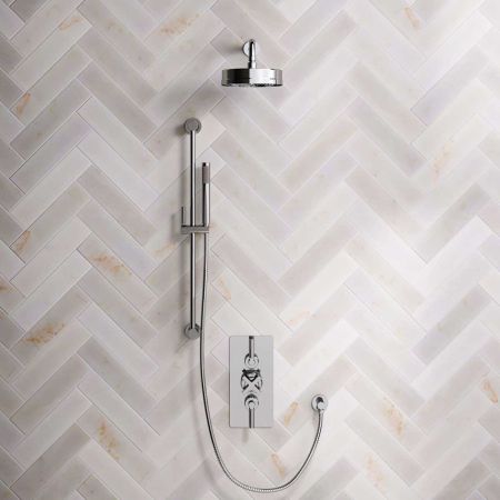 Bayor Dual Outlet Concealed Shower with Slider Rail, 300mm Wall Arm, 8" Rose & Metal Levers in Chrome