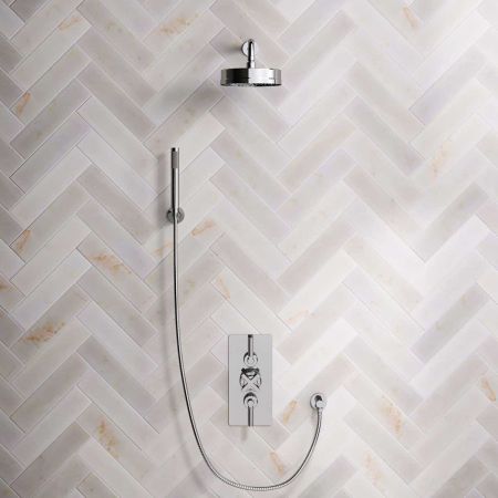 Bayor Dual Outlet Concealed Shower with Handshower Hook, 300mm Wall Arm, 8" Rose & Metal Levers in Chrome