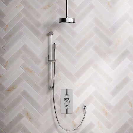 Linton Dual Outlet Concealed Shower with Slider Rail, 210mm Ceiling Arm, 8" Rose & Metal Levers in Chrome