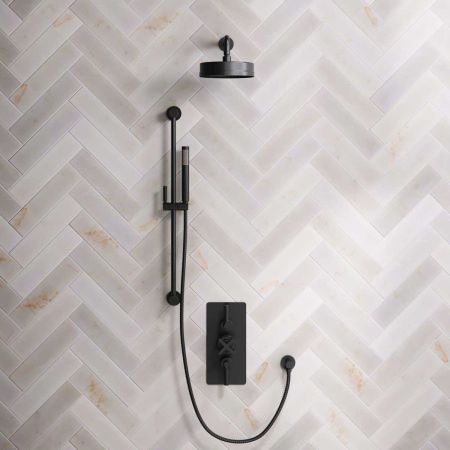 Bayor Dual Outlet Concealed Shower with Slider Rail, 300mm Wall Arm, 8" Rose & Metal Levers in Matt Black