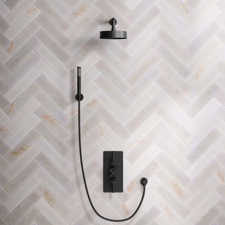 Bayor Dual Outlet Concealed Shower with Handshower Hook, 300mm Wall Arm, 8" Rose & Metal Levers in Matt Black