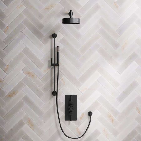 Bayor Dual Outlet Concealed Shower with Slider Rail, 500mm Wall Arm, 8" Rose & Metal Levers in Matt Black