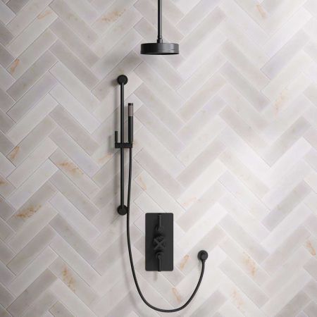 Linton Dual Outlet Concealed Shower with Slider Rail, 210mm Ceiling Arm, 8" Rose & Metal Levers in Matt Black