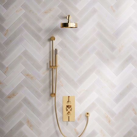 Bayor Dual Outlet Concealed Shower with Slider Rail, 300mm Wall Arm, 8" Rose & Metal Levers in Living Brass