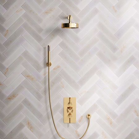 Bayor Dual Outlet Concealed Shower with Handshower Hook, 300mm Wall Arm, 8" Rose & Metal Levers in Living Brass