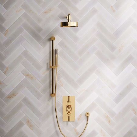 Bayor Dual Outlet Concealed Shower with Slider Rail, 500mm Wall Arm, 8" Rose & Metal Levers in Living Brass