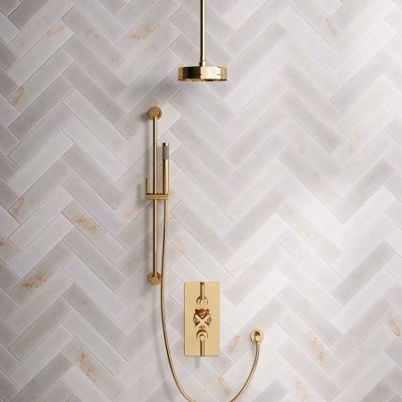 Linton Dual Outlet Concealed Shower with Slider Rail, 210mm Ceiling Arm, 8" Rose & Metal Levers in Living Brass