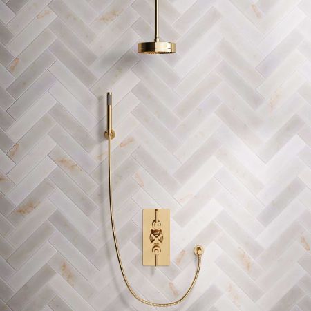 Bayor Dual Outlet Concealed Shower with Handshower Hook, 210mm Ceiling Arm, 8" Rose & Metal Levers in Living Brass