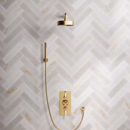 Bayor Dual Outlet Concealed Shower with Handshower Hook, 500mm Wall Arm, 8" Rose & White Levers in Brushed Brass