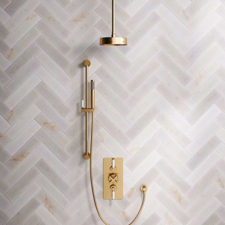 Linton Dual Outlet Concealed Shower with Slider Rail, 210mm Ceiling Arm, 8" Rose & White Levers in Brushed Brass