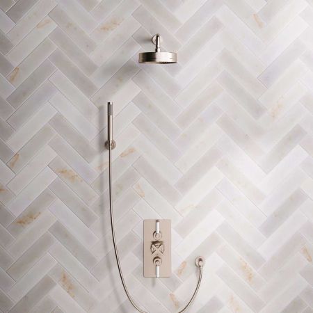 Bayor Dual Outlet Concealed Shower with Handshower Hook, 300mm Wall Arm, 8" Rose & White Levers in Brushed Nickel