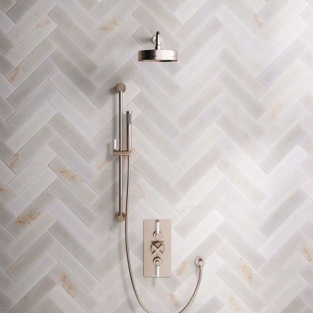 Bayor Dual Outlet Concealed Shower with Slider Rail, 500mm Wall Arm, 8" Rose & White Levers in Brushed Nickel