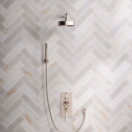 Bayor Dual Outlet Concealed Shower with Handshower Hook, 500mm Wall Arm, 8" Rose & White Levers in Brushed Nickel