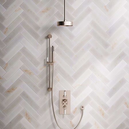Linton Dual Outlet Concealed Shower with Slider Rail, 210mm Ceiling Arm, 8" Rose & White Levers in Brushed Nickel
