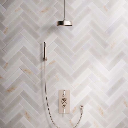 Bayor Dual Outlet Concealed Shower with Handshower Hook, 210mm Ceiling Arm, 8" Rose & White Levers in Brushed Nickel
