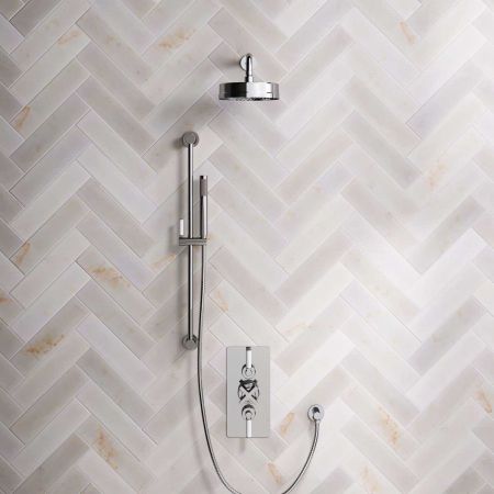 Bayor Dual Outlet Concealed Shower with Slider Rail, 300mm Wall Arm, 8" Rose & White Levers in Chrome