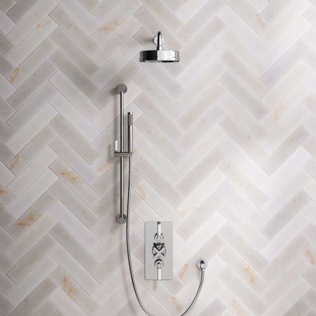 Bayor Dual Outlet Concealed Shower with Slider Rail, 500mm Wall Arm, 8" Rose & White Levers in Chrome