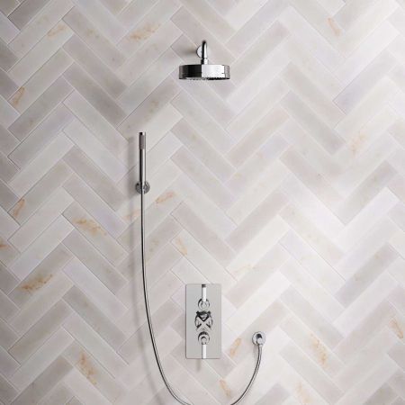 Bayor Dual Outlet Concealed Shower with Handshower Hook, 500mm Wall Arm, 8" Rose & White Levers in Chrome