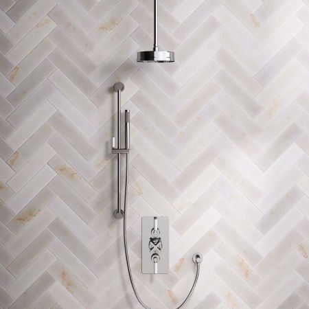 Linton Dual Outlet Concealed Shower with Slider Rail, 210mm Ceiling Arm, 8" Rose & White Levers in Chrome