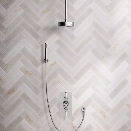 Bayor Dual Outlet Concealed Shower with Handshower Hook, 210mm Ceiling Arm, 8" Rose & White Levers in Chrome