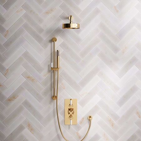 Elbe Dual Outlet Shower Kit - Concealed Valve - White Ceramic Lever - Handshower Slider-Rail - Polished Brass