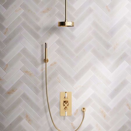 Bayor Dual Outlet Concealed Shower with Handshower Hook, 210mm Ceiling Arm, 8" Rose & White Levers in Living Brass