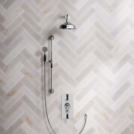 Linton Dual Outlet Concealed Shower with Slider Rail, 300mm Wall Arm, 8" Rose & Black Lever in Shower with Chrome