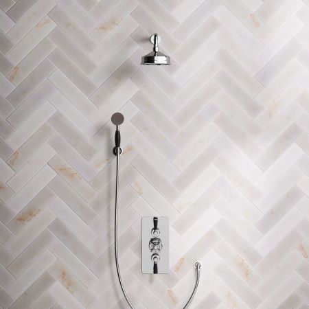 Linton Dual Outlet Concealed Shower with Handshower Hook, 300mm Wall Arm, 6" Rose & Black Levers in Chrome