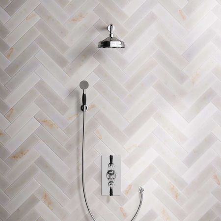 Calder Dual Outlet Shower Kit - Concealed Valve - 8 inch Rose - Black Ceramic Lever - Handshower Hook - Chrome Finish