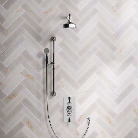 Linton Dual Outlet Concealed Shower with Slider Rail, 500mm Wall Arm, 6" Rose & Black Lever in Chrome