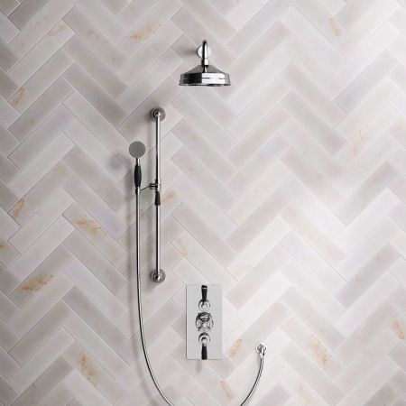 Linton Dual Outlet Concealed Shower with Slider Rail, 500mm Wall Arm, 8" Rose & Black Lever in Chrome