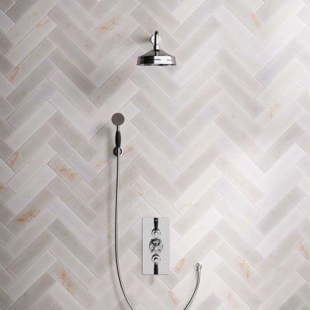 Linton Dual Outlet Concealed Shower with Handshower Hook, 300mm Wall Arm, 8" Rose & Black Levers in Chrome
