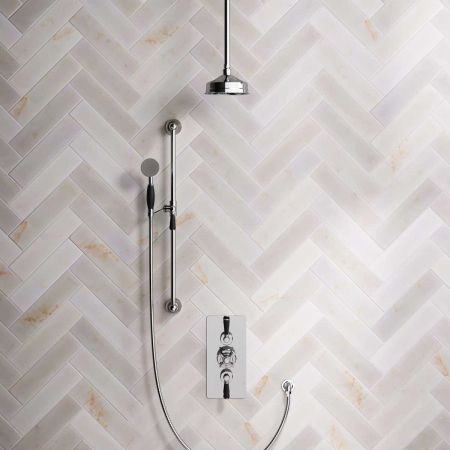 Linton Dual Outlet Concealed Shower with Slider Rail, 210mm Ceiling Arm, 6" Rose and Black Levers in Chrome