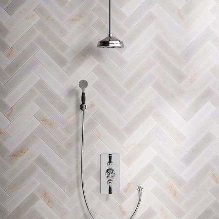 Linton Dual Outlet Concealed Shower with Handshower Hook, 210mm Ceiling Arm, 8" Rose & Black Levers in Chrome