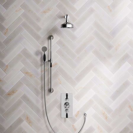 Linton Dual Outlet Concealed Shower with Slider Rail, 300mm Wall Arm, 6" Rose & Black Lever in Chrome