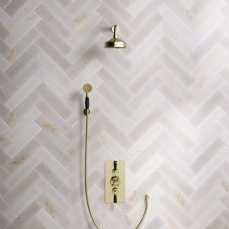 Calder Dual Outlet Shower Kit - Concealed Valve - 6 inch Rose - Black Ceramic Lever - Handshower Hook - Timeless Brass