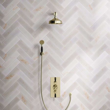 Calder Dual Outlet Shower Kit - Concealed Valve - 8 inch Rose - Black Ceramic Lever - Handshower Hook - Timeless Brass