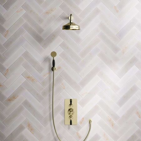 Calder Dual Outlet Shower Kit - Concealed Valve - 8 inch Rose - 500mm Shower Arm - Black Ceramic Lever - Handshower Hook - Timeless Brass
