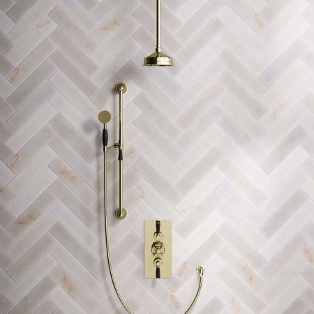 Calder Dual Outlet Shower Kit - Concealed Valve - 6 inch Rose - Black Ceramic Lever - Handshower Slider-Rail - Ceiling Mounted Rose - Timeless Brass