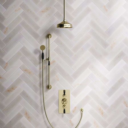 Calder Dual Outlet Shower Kit - Concealed Valve - 8 inch Rose - Black Ceramic Lever - Handshower Slider-Rail - Ceiling Mounted Rose - Timeless Brass