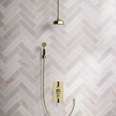 Calder Dual Outlet Shower Kit - Concealed Valve - 6 inch Rose - Black Ceramic Lever - Handshower Hook - Ceiling Mounted Rose - Timeless Brass