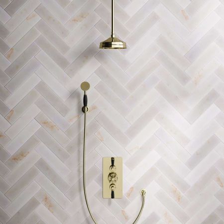 Calder Dual Outlet Shower Kit - Concealed Valve - 8 inch Rose - Black Ceramic Lever - Handshower Hook - Ceiling Mounted Rose - Timeless Brass