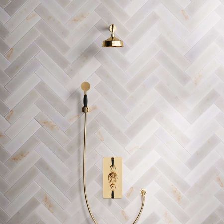 Calder Dual Outlet Shower Kit - Concealed Valve - 6 inch Rose - Black Ceramic Lever - Handshower Hook - Living Brass
