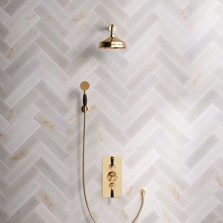 Calder Dual Outlet Shower Kit - Concealed Valve - 8 inch Rose - Black Ceramic Lever - Handshower Hook - Living Brass